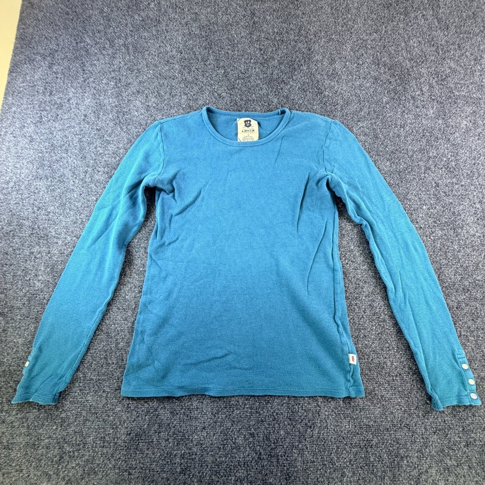 Levi's Thermal Shirt‎ Womens Medium Blue Teal Waffle Knit Crew Neck Button Cuff